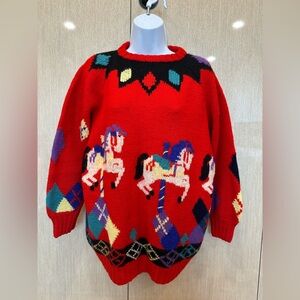 BEREK Handmade 100% Wool Sweater Carousel Horses Vintage Colorful Knit